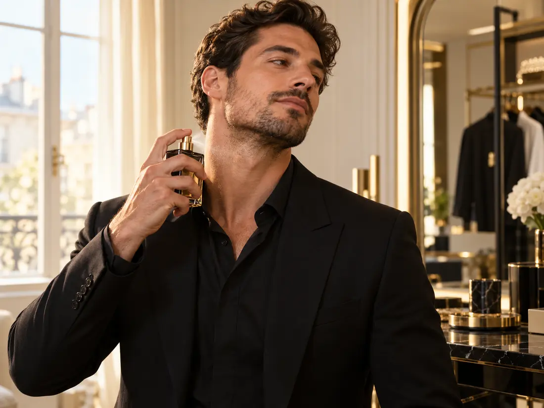 Homme appliquant du parfum sur son cou avant de sortir